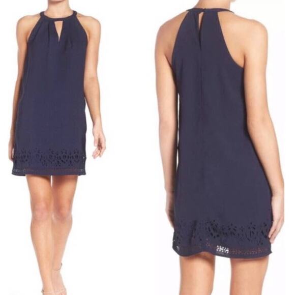 Greylin Melissa Laser Cut Deep Navy Blue Halter Shift Mini Dress sz XS - Picture 3 of 13